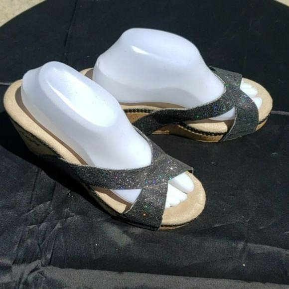 Sugar cork Florah black glitter‎ sz 9½ wedges - Picture 1 of 7